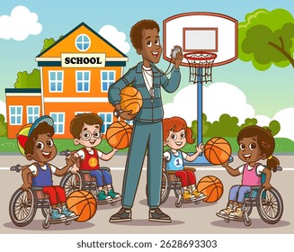 Disabled child who loves to play basketball in a wheelchair. Disabled person, cheerful children physical education class activity