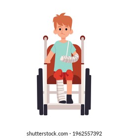 Disabled child with wounded limb in wheelchair, flat vector illustration isolated on white background. Little handicapped boy cartoon character got injury.