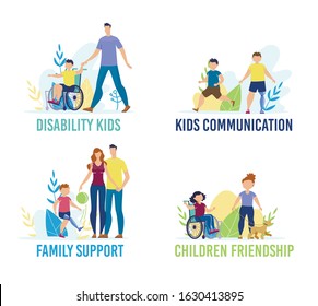 Disabled Children Communication, Friendship and Support Trendy Flat Vector Banner, Poster Template. Child with Special Needs, Handicapped Boy on Wheelchair, Injured Kid with Prosthesis Illustration