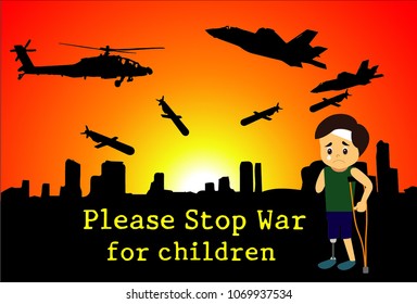 Disabled Children cry in war scene bomb from sky burning ground,stop war,no war for children