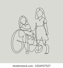 Disabled children line vector. Help, support and friendship with people especially. A girl in a wheelchair and girl with prothese