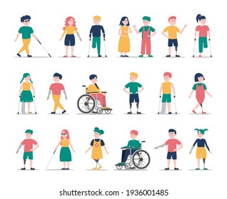 Disabled children set. Collection of kid characters with disability. Deaf, blind and handicapped boys and girls. Prosthetic arms and legs. Boy in a wheelchair, injured girl with crutches.