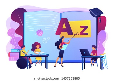 Disabled children studying in school. Learning program. Inclusive education, social and communicative competence, inclusive environment concept. Bright vibrant violet vector isolated illustration