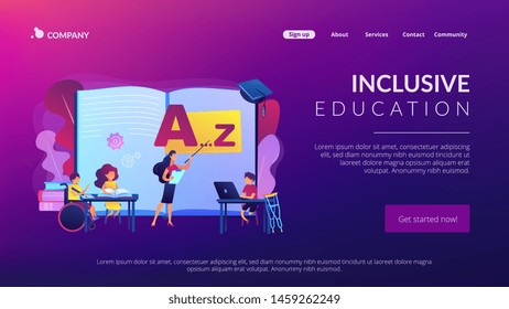 Disabled children studying in school. Learning program. Inclusive education, social and communicative competence, inclusive environment concept. Website homepage landing web page template.