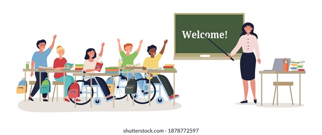 Disabled children in wheel chairs sitting in class with a teacher with text - Welcome - on the chalkboard, colored vector illustration