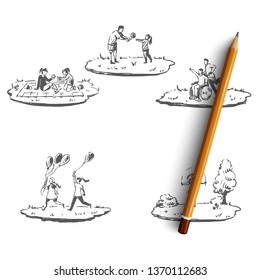Disabled children - children without legs or arms playing with friends on street vector concept set. Hand drawn sketch isolated illustration