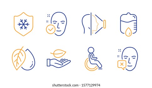 Disabled, Clean skin and Drop counter line icons set. Face id, Mineral oil and Leaf signs. Health skin, Face declined symbols. Handicapped wheelchair, Cold protect. Healthcare set. Vector
