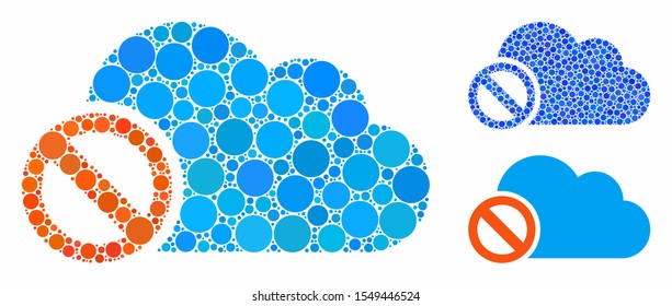 Disabled cloud mosaic of small circles in various sizes and color tinges, based on disabled cloud icon. Vector small circles are united into blue collage.