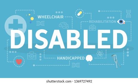 Disabled concept. Idea of people with various disability. Deaf and blind person. Idea of health and charity. Vector illustration in cartoon style