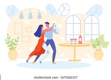 Disabled Couple with Limb Prostheses Dancing and Enjoying Life Together on Romantic Date in Private Apartments Interior. People with Disability International Day. Flat Cartoon Vector Illustration.