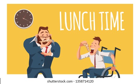 Disabled Coworker and Worker in Suit Have Lunch. Wheelchair Freelancer Eat Pizza. Happy Businessman or Office Man Stand, Smell Slice of Italian Food. Cartoon Flat Vector Illustration