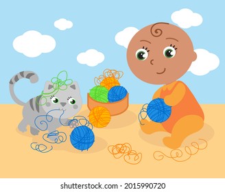 Disabled cute child without arms playing with cat and ball of wood, vector illustration