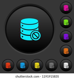 Disabled database dark push buttons with vivid color icons on dark grey background