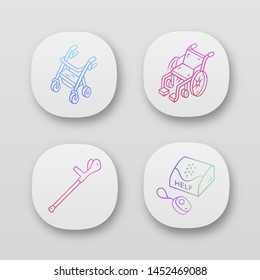 Disabled Devices App Icons Set. Rollator, Manual Wheelchair, Forearm Crutch, Personal Emergency Response System. UI/UX User Interface. Web Or Mobile Applications. Vector Isolated Illustrations