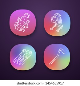 Disabled devices app icons set.  Motorized wheelchair, patient lift, cane, braille smartphone. Mobility aids, equipment. UI/UX user interface. Web or mobile applications. Vector isolated illustrations