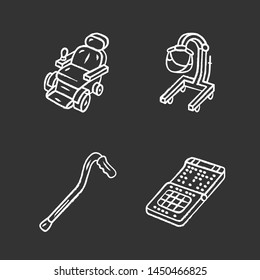 Disabled devices chalk icons set. Motorized wheelchair, patient lift, cane, braille smartphone. Mobility aids, handicapped equipment for physically challenged. Isolated vector chalkboard illustrations