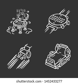 Disabled devices chalk icons set. Shower chair, hospital bed, wheelchair ramp, braille smartwatch. Special needs person facilities, handicapped equipment. Isolated vector chalkboard illustrations