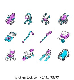 Disabled devices color icons set. Mobility aid, handicapped medical equipment. Facilities for blind, paralyzed, old people. Hospital, retirement home equipment. Isolated vector illustrations