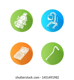 Disabled devices flat design long shadow glyph icons set.  Motorized wheelchair, patient lift, cane, braille smartphone. Mobility aids, handicapped equipment. Vector silhouette illustration