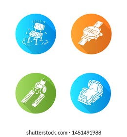 Disabled devices flat design long shadow glyph icons set. Shower chair, hospital bed, wheelchair ramp, braille smartwatch. Special needs person facilities. Vector silhouette illustration
