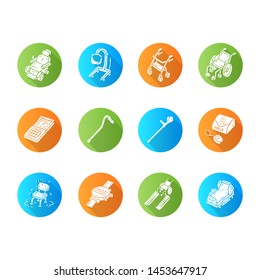 Disabled devices flat design long shadow glyph icons set. Mobility aid, handicapped medical equipment. Facilities for blind, paralyzed, old people. Hospital equipment. Vector silhouette illustration
