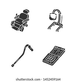 Disabled devices glyph icons set. Motorized wheelchair, patient lift, cane, braille smartphone. Handicapped equipment for physically challenged. Silhouette symbols. Vector isolated illustration