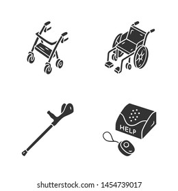 Disabled devices glyph icons set. Rollator, manual wheelchair, forearm crutch, personal emergency response system. Mobility aid, handicapped equipment. Silhouette symbols. Vector isolated illustration