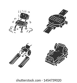 Disabled devices glyph icons set. Shower chair, hospital bed, wheelchair ramp, braille smartwatch. Special needs person facilities, equipment. Silhouette symbols. Vector isolated illustration