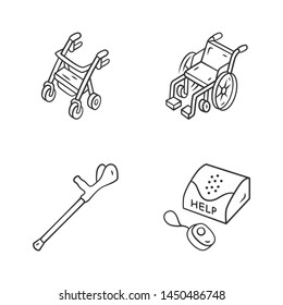 Disabled devices linear icons set. Rollator, manual wheelchair, forearm crutch, personal emergency response system. Thin line contour symbols. Isolated vector outline illustrations. Editable stroke
