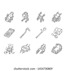 Disabled devices linear icons set. Mobility aid, handicapped medical equipment. Facilities for paralyzed, old people. Thin line contour symbols. Isolated vector outline illustrations. Editable stroke