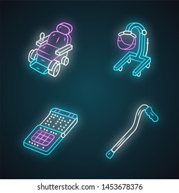 Disabled devices neon light icons set. Motorized wheelchair, patient lift, cane, braille smartphone. Mobility aids, handicapped equipment. Glowing signs. Vector isolated illustrations