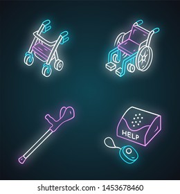 Disabled Devices Neon Light Icons Set. Rollator, Manual Wheelchair, Forearm Crutch, Personal Emergency Response System. Handicapped Equipment. Glowing Signs. Vector Isolated Illustrations