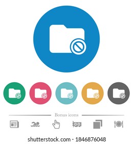Iconos blancos planos de directorio deshabilitados en fondos de color redondo. 6 iconos de bonificación incluidos.