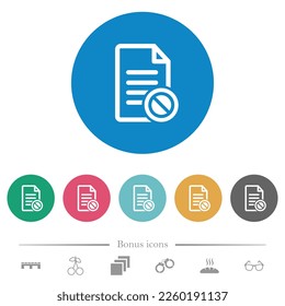 Disabled document flat white icons on round color backgrounds. 6 bonus icons included.