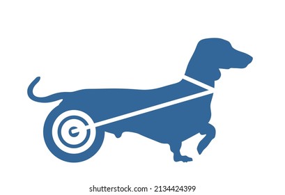 Disabled dog dachshund in wheels vector silhouette illustration isolated on white background. Handicapped dog in wheelchair shape symbol. Lovely pet injured after accident and veterinarian fix legs.