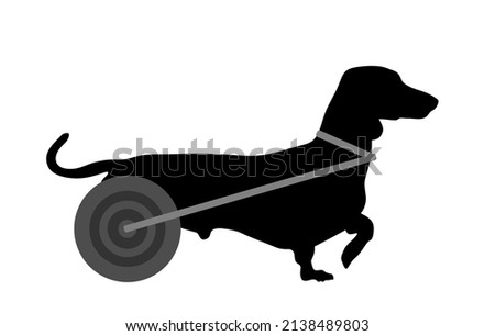 Disabled dog dachshund in wheels vector silhouette illustration isolated on white background. Handicapped dog in wheelchair shape symbol. Lovely pet injured after accident and veterinarian fix legs.