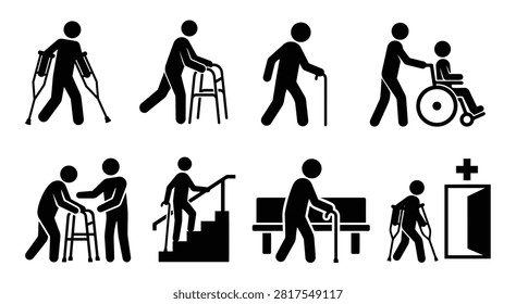Disabled and Elderly People Mobility Assistance Vector Icon Set - Stick Figure Pictogram of Man using Crutches, Walker Frame, Wheelchair, and Walking Stick for Rehabilitation and Care