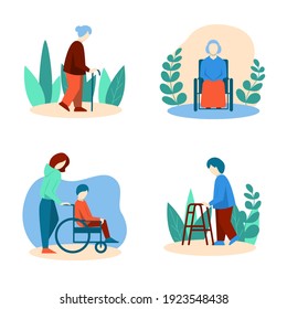Disabled elderly people set in flat style. Senior people walking with cane, using walker and wheelchair. Vector illustration.