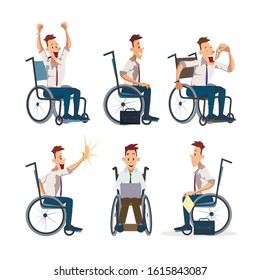 Disabled Employe in Wheelchair Trendy Flat Vector Character Set. Male Office Worker, Businessmen with Disabilities Eating Pizza, Working on Laptop, Celebrating Success, Giving High Five Illustrations