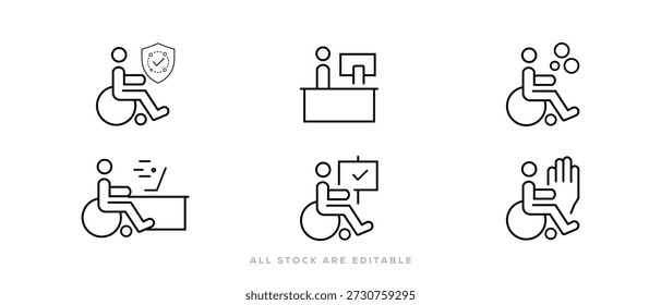 Symbol für Mitarbeiterzeile deaktiviert. Barrierefreiheit und Rollstuhlsymbol. Symbol für ein behindertes Zugangszeichen. Bearbeitbarer Strich. Vektorgrafik
