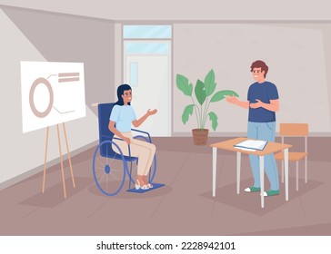 Disabled employee in office flat color vector illustration. Inclusion in workplace. Business presentation. Fully editable 2D simple cartoon characters with conference hall on background