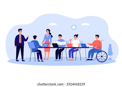 Disabled employee in wheelchair engaged in corporate meeting and conversation. Vector illustration for inclusion, business conference, teamwork concept