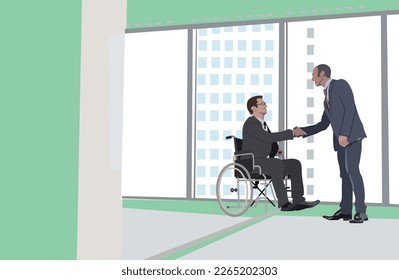 Empleados discapacitados en la oficina estrechando la mano con sus colegas y discutiendo en el espacio de oficinas