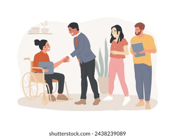 Disabled employment isolated concept vector illustration. Person with disability job, hiring disabled people, company employment policy, inclusivity program, diversity support vector concept.