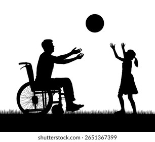 Disabled father on wheelchair throwing ball to daughter black silhouette. Dad sitting in wheelchair playing with his little daughter outdoor.	