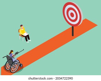 Disabled Female Athlete Shooting Target In Competition While Sitting On The Wheelchair. Isometric Vector Concept