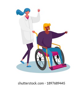 Disabled Female Character Riding Wheelchair with Nurse or Doctor Therapist Assistance. Woman Patient in Traumatology Hospital, Handicapped People Rehabilitation Concept. Cartoon Vector Illustration