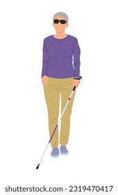 Disabled female character vector illustration isolated on white background. Blind Attractive woman walking with stick. Senior Lady wearing smart casual clothes, sunglasses. Inclusive business concept