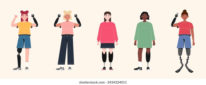 Conjunto de caracteres femeninos deshabilitados. Personas con prótesis de manos y piernas. Colección de personas inclusivas. Ilustración vectorial plana.