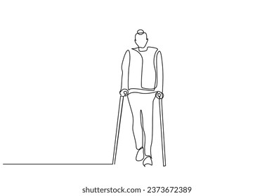 Disabled female patient walking with crutches line art design